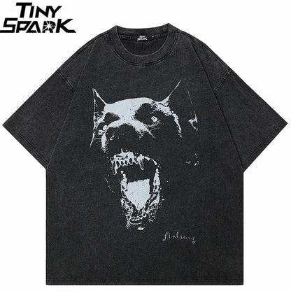 Black oversized cotton streetwear retro washed t-shirt with an aggressive animal vintage graphic for tee hipster dope style