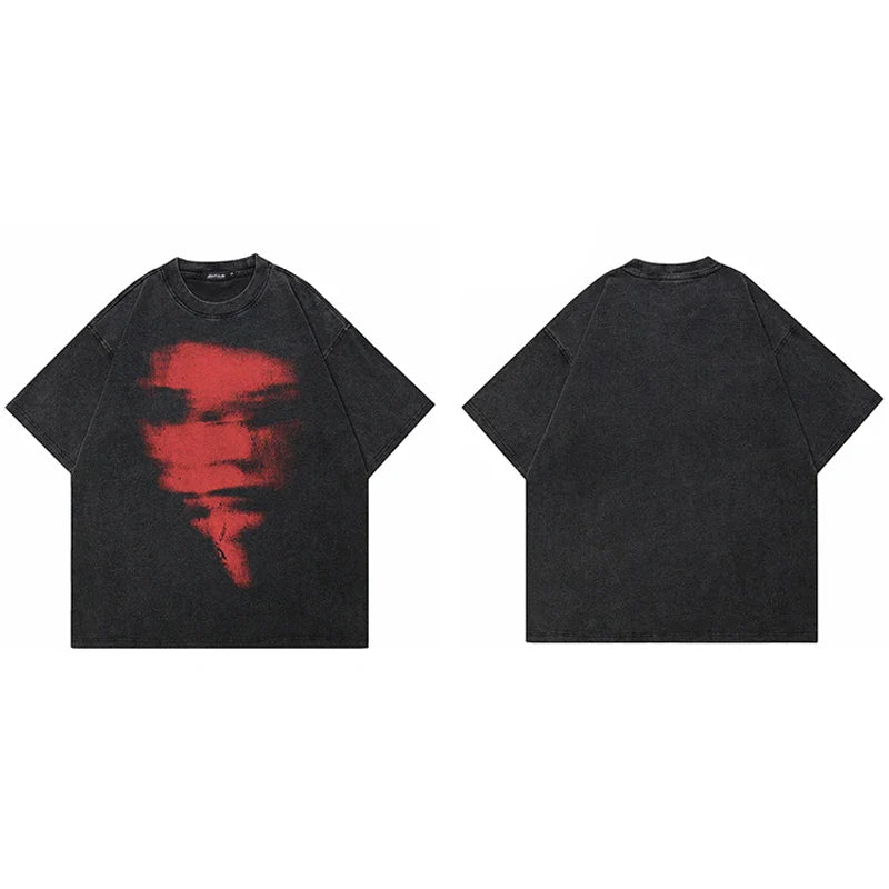 Black oversized shirt cotton unisex featuring a bold red graphic blurry face tshirt tops y2k streetwear style