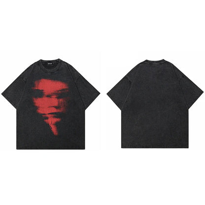 Black oversized shirt cotton unisex featuring a bold red graphic blurry face tshirt tops y2k streetwear style