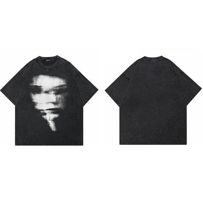 Black oversized shirt cotton unisex featuring distressed graphic blurry face print for tshirt tops y2k streetwear style