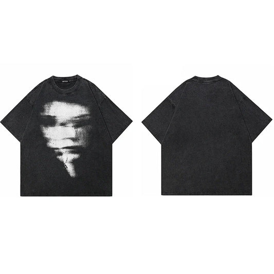 Black oversized shirt cotton unisex featuring distressed graphic blurry face print for tshirt tops y2k streetwear style
