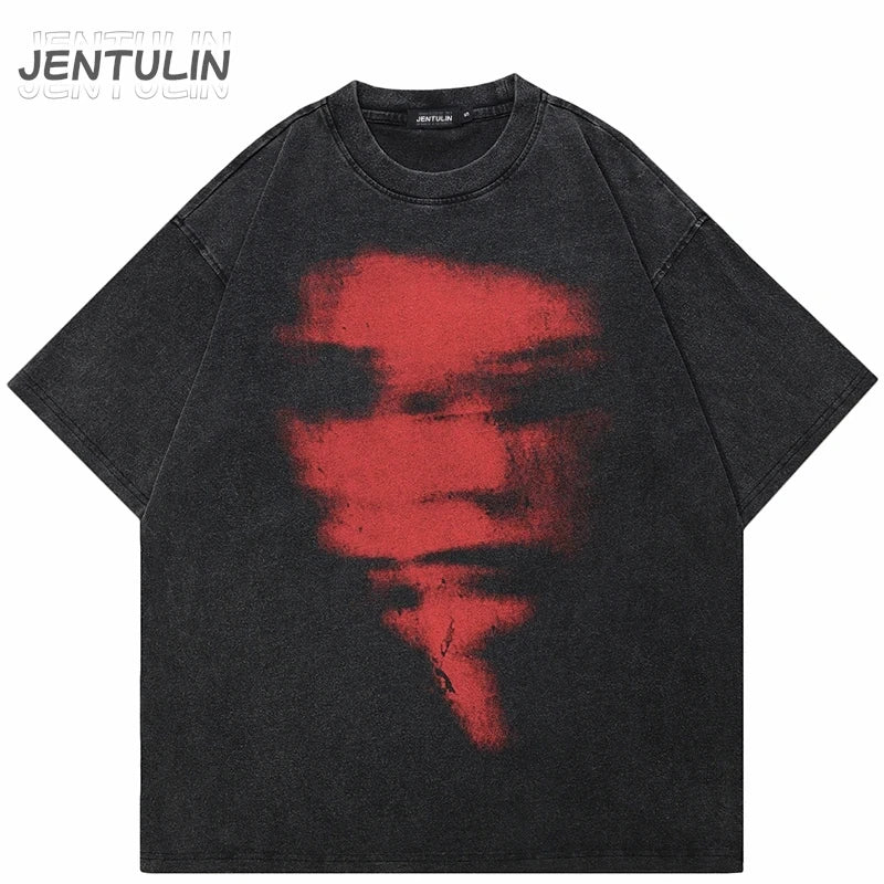 Black cotton unisex tshirt tops y2k with a faded red graphic blurry face print perfect for streetwear summer style