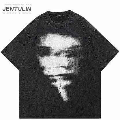 Black jentulin tshirt tops y2k featuring a distressed graphic blurry face in faded white tones shirt cotton unisex