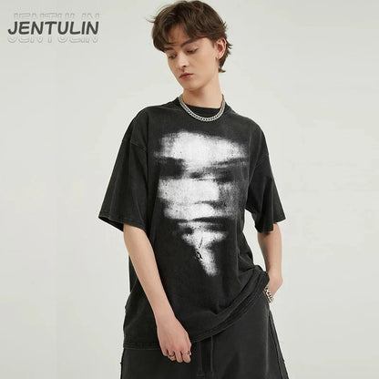 Black oversized shirt cotton unisex featuring a graphic blurry face design in white and gray tones for tshirt tops y2k style