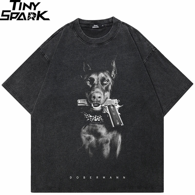 Black vintage washed cotton oversized t-shirt featuring streetwear doberman dog graphic with tiny spark branding tops tee hipster