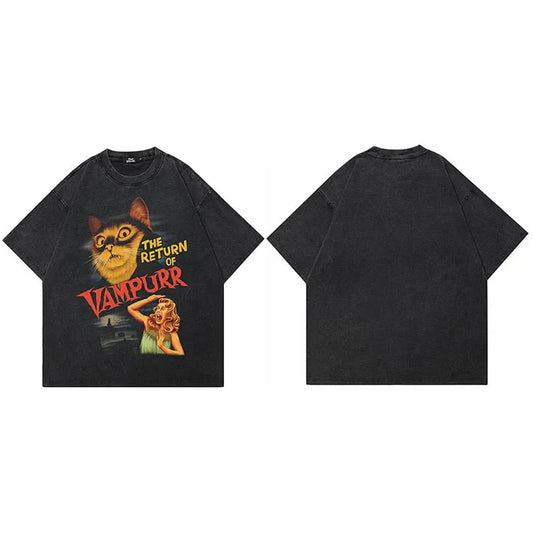 Black cotton hip hop 2025 vintage washed black t-shirt with vampurr cat graphic and streetwear retro movie design