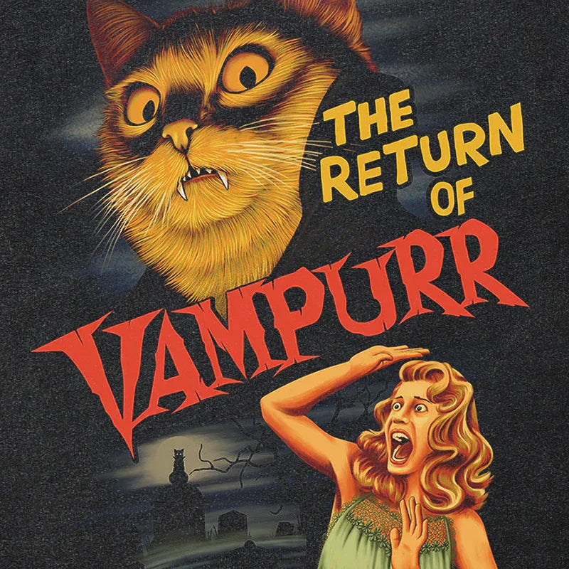 Black vintage washed cotton t-shirt featuring a vampurr cat graphic and streetwear retro movie design for unisex use
