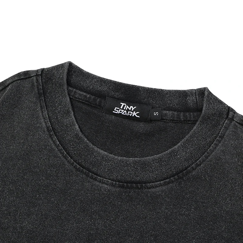 Black cotton crewneck t-shirt with tiny spark label featuring vintage washed black vampurr cat graphic streetwear retro movie design