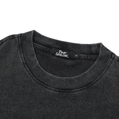 Black cotton crewneck t-shirt with tiny spark label featuring vintage washed black vampurr cat graphic streetwear retro movie design
