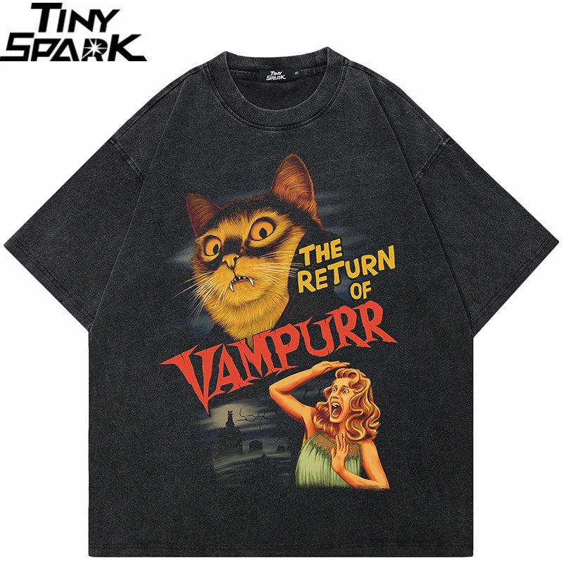 Black oversized vintage washed cotton t-shirt featuring a vampurr cat graphic and streetwear retro movie design
