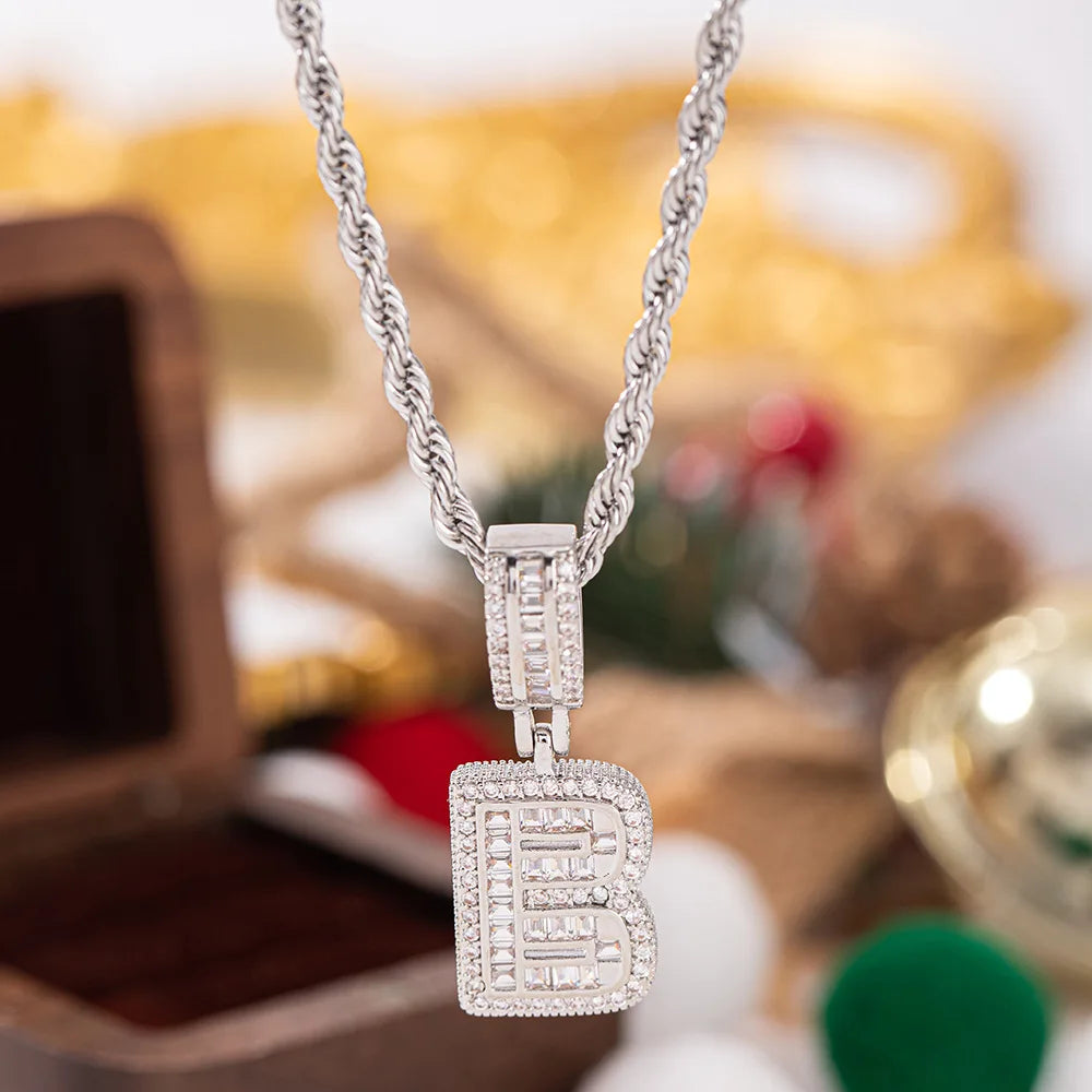 Silver ice cube pendant necklace with bold diamond-encrusted letter b featuring pendant white zircon and stone necklaces