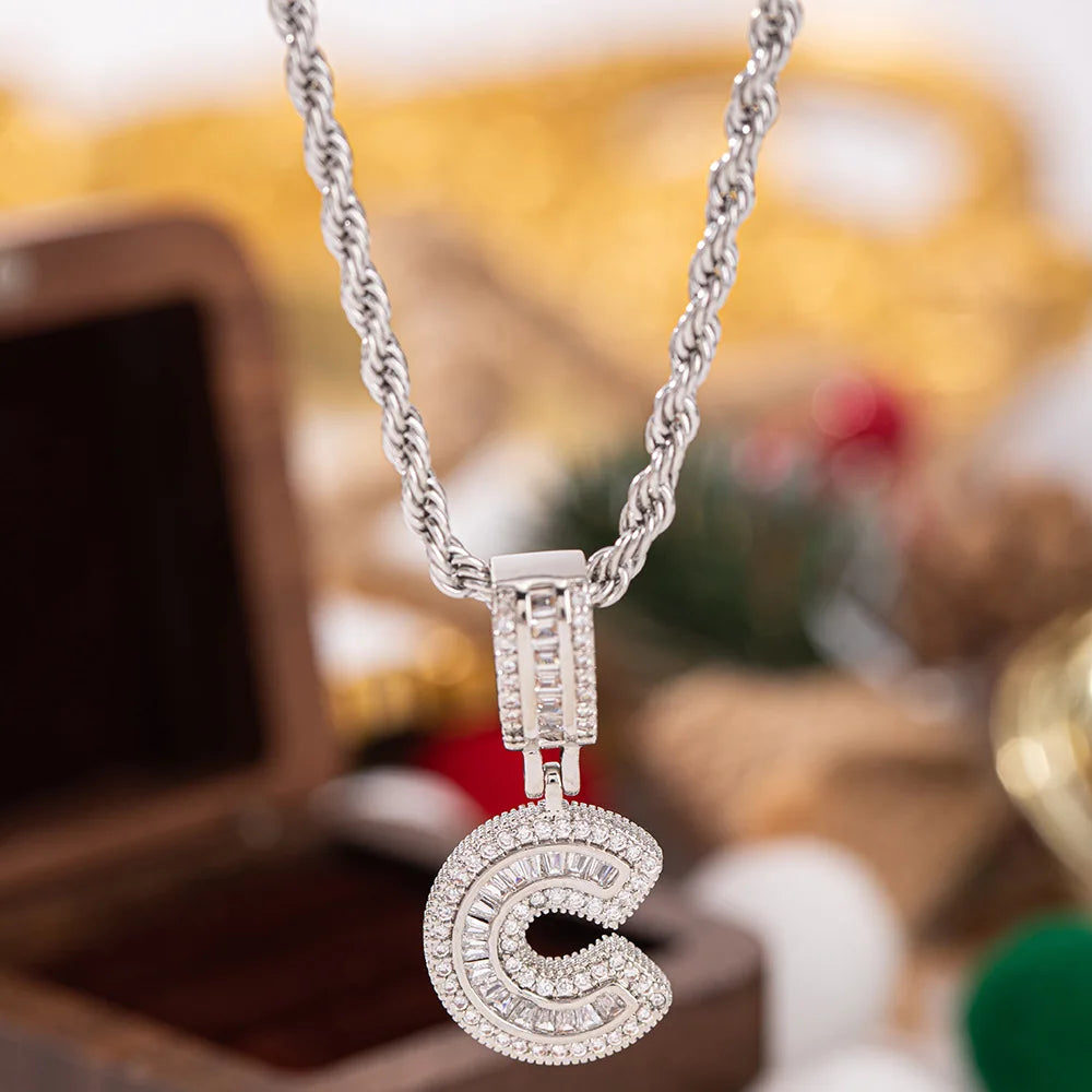 A sparkling silver pendant white zircon necklace with diamond encrusted letter c charm on twisted rope chain wedding jewelry