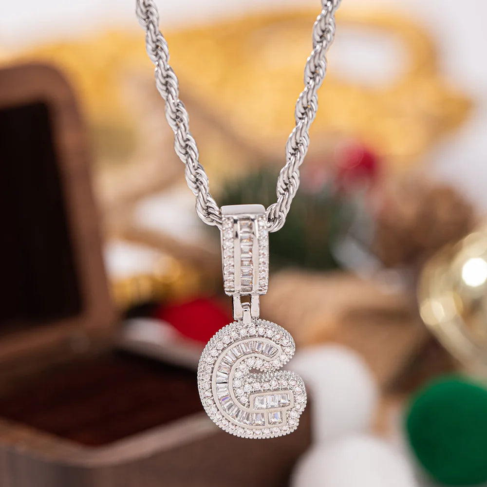 A sparkling silver pendant white zircon necklace featuring a diamond-encrusted letter g design perfect for chain wedding jewelry
