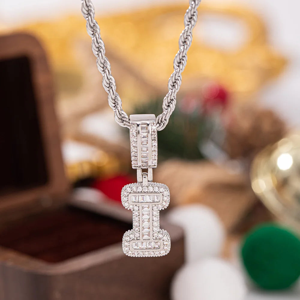 Silver diamond encrusted initial i pendant with white zircon on twisted rope chain chain wedding jewelry stone necklaces