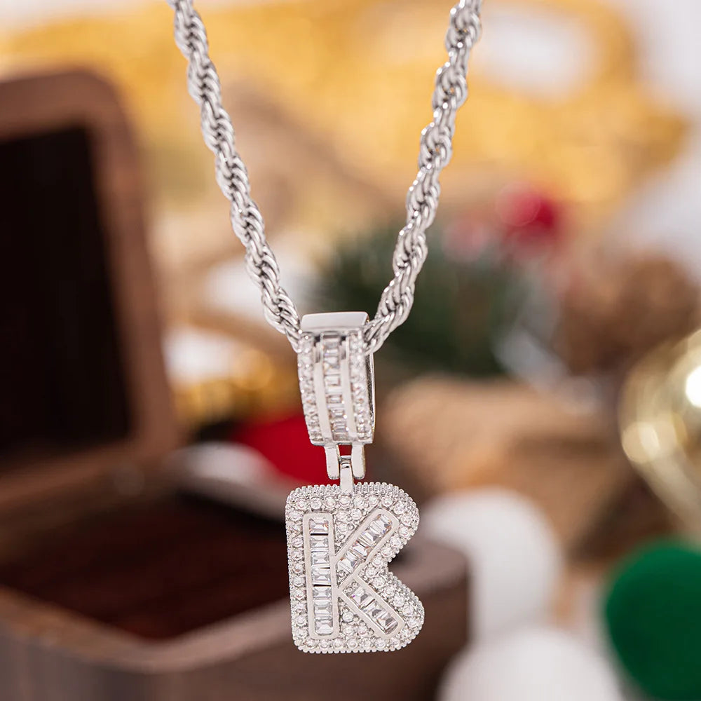 Silver chain wedding jewelry featuring a diamond-encrusted initial k pendant with white zircon stones for women