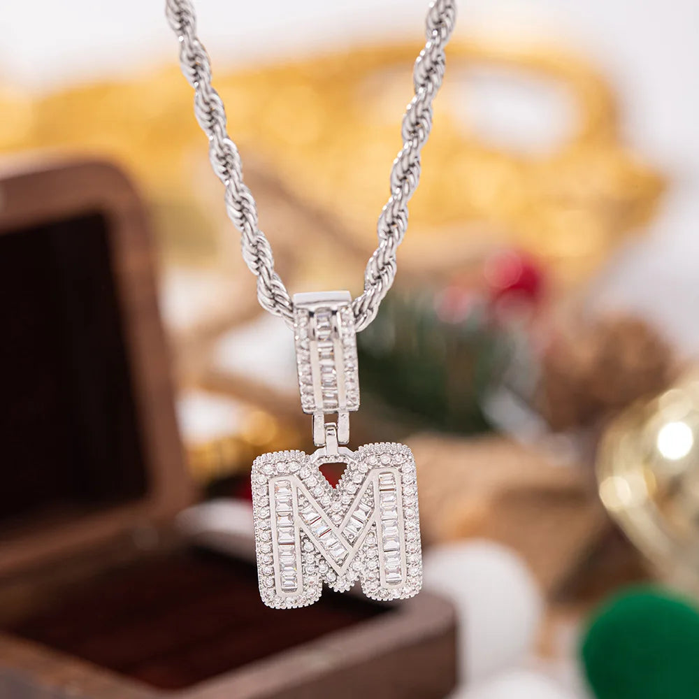 Silver diamond-encrusted initial m pendant with pendant white zircon on a twisted rope chain perfect as chain wedding jewelry