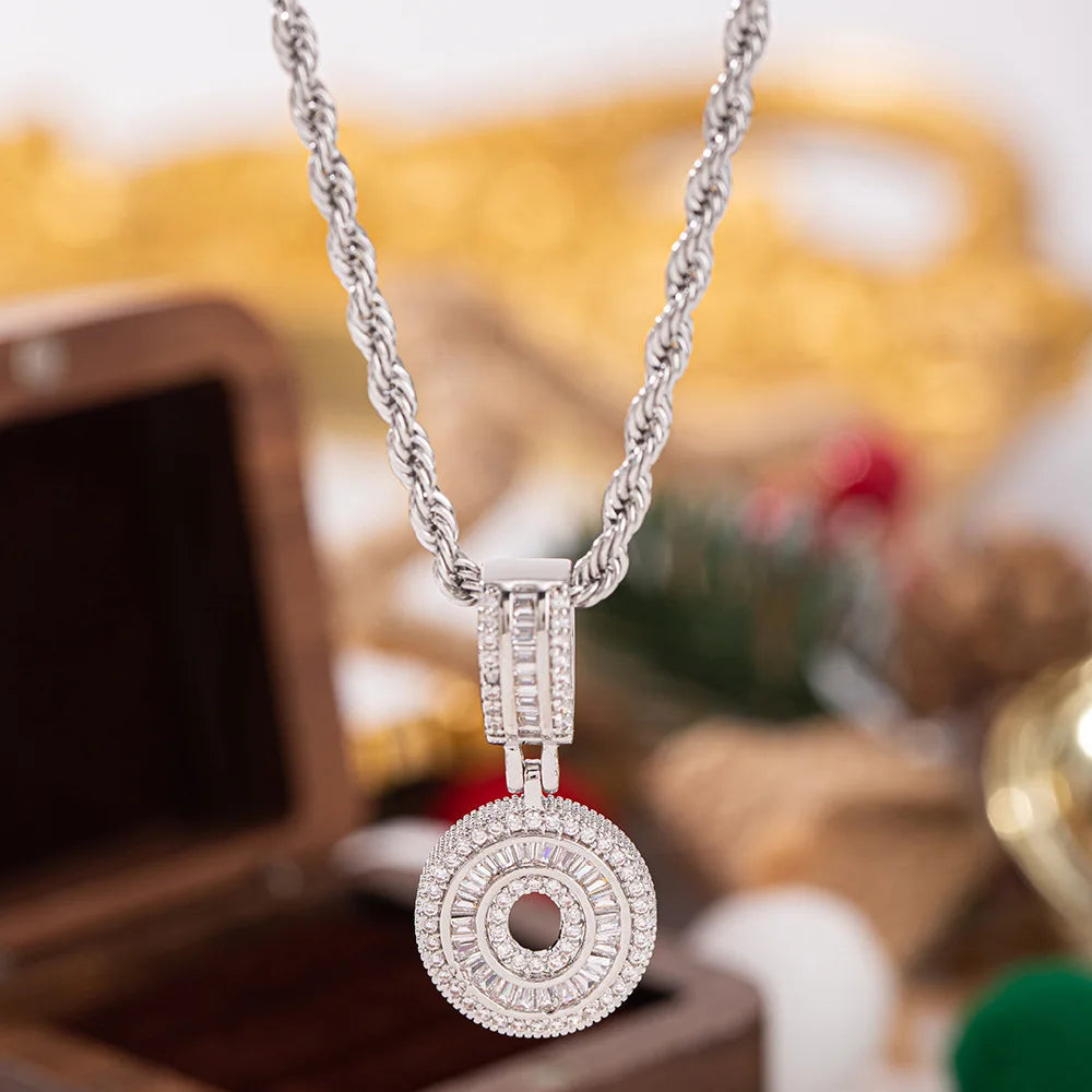 Silver-toned pendant white zircon necklace with circular multi-layered design and dark accent stone for chain wedding jewelry