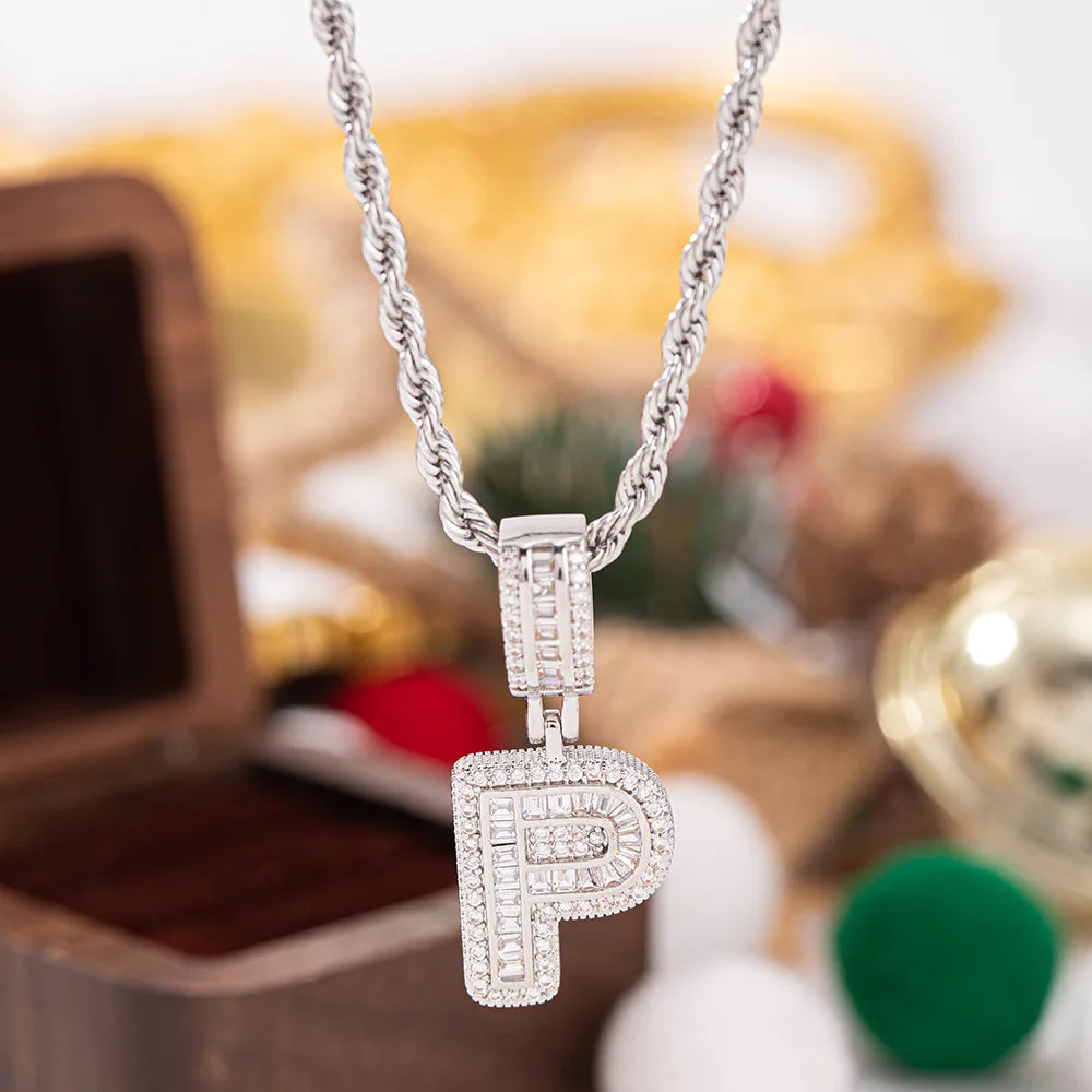 Silver diamond-encrusted letter p pendant white zircon on twisted rope chain wedding jewelry stone necklaces for women