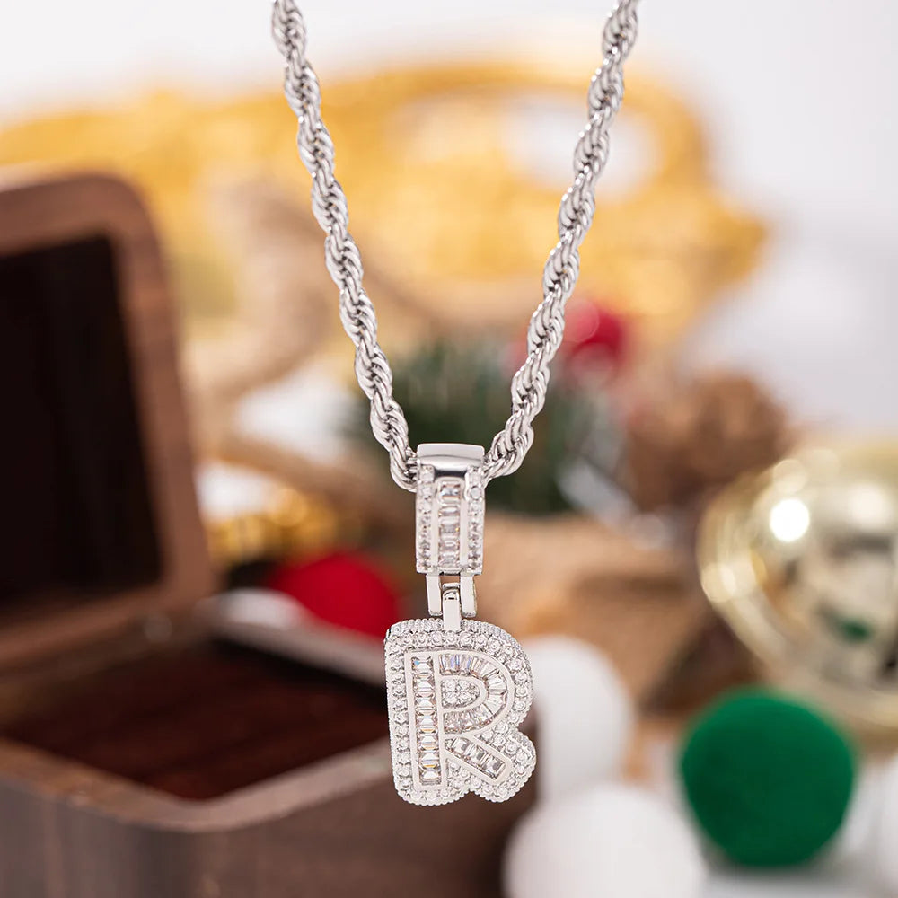 Silver chain necklace with diamond-encrusted initial r pendant white zircon stone necklaces for chain wedding jewelry
