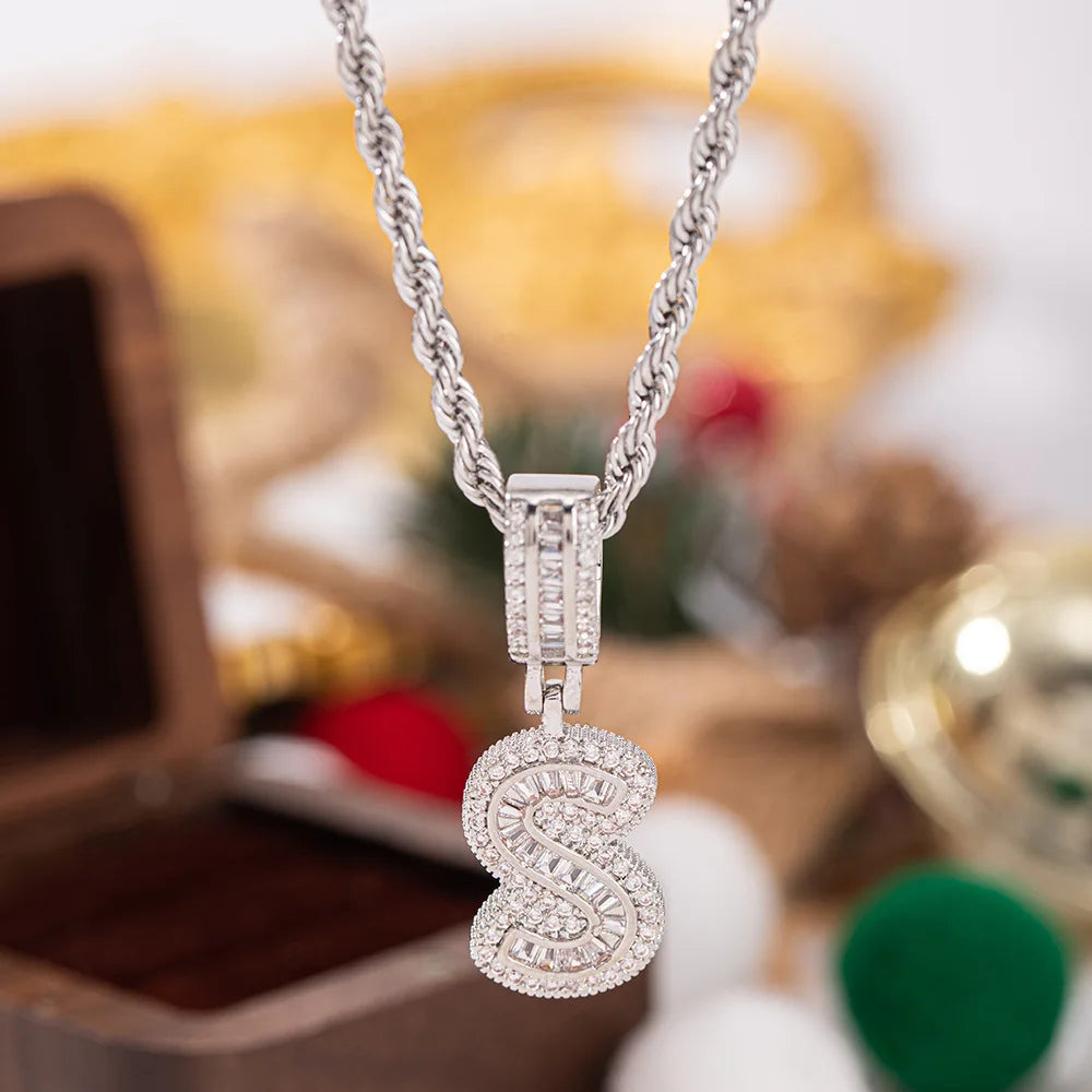 Silver diamond-encrusted letter S pendant white zircon on twisted rope chain chain wedding jewelry stone necklaces