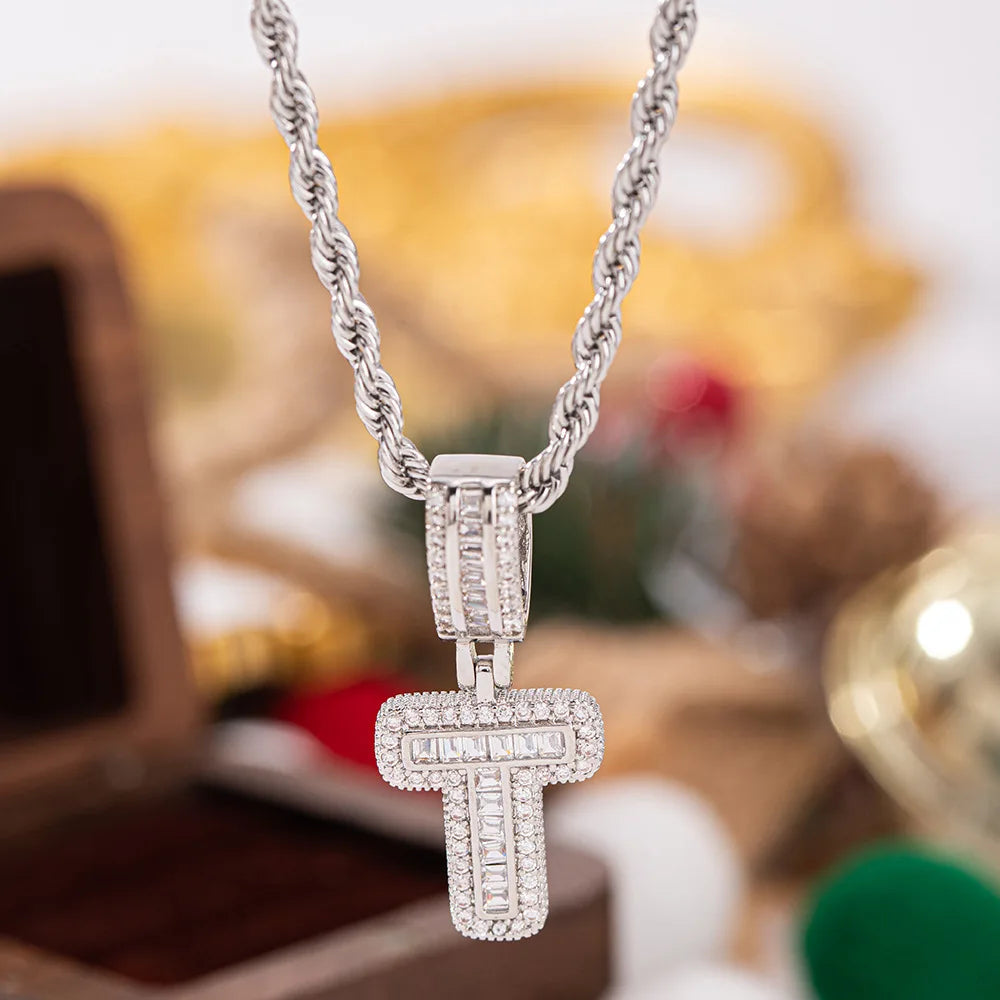 Silver-toned hip hop t pendant white zircon necklace with baguette stones on a silver color chain wedding jewelry gift