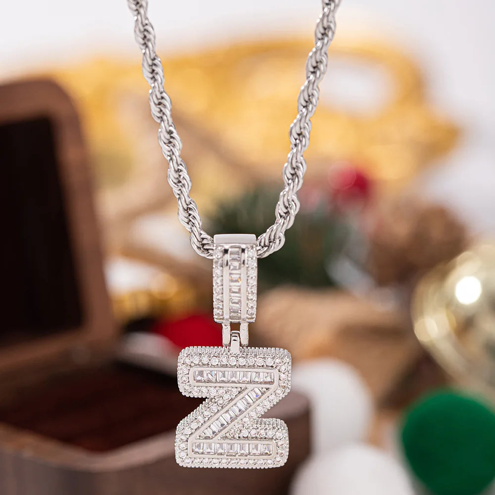 Silver letter z pendant encrusted with white zircon on twisted rope chain chain wedding jewelry and stone necklaces