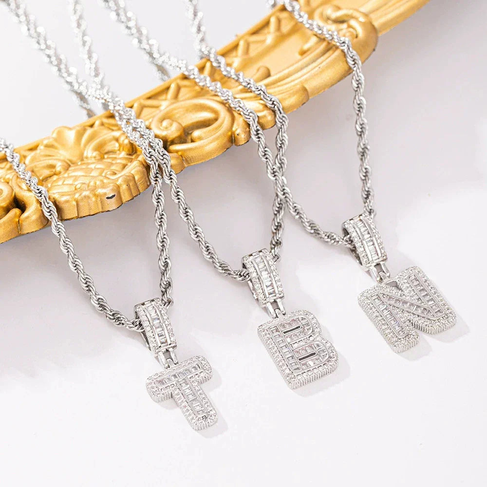 Silver ice cube letter pendant white zircon necklaces with twisted rope chains suitable as chain wedding jewelry
