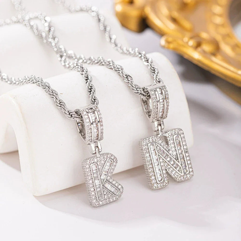 Silver letter initial pendant white zircon with pave-set stones and twisted rope chain for chain wedding jewelry