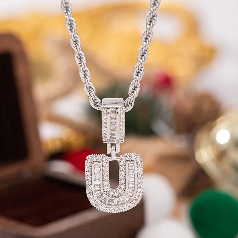 Silver-toned letter u pendant white zircon necklace with braided chain featuring full stone design for chain wedding jewelry