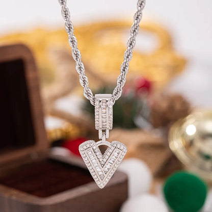 Silver heart-shaped pendant white zircon with v-cut stones on twisted rope chain for chain wedding jewelry and stone necklaces