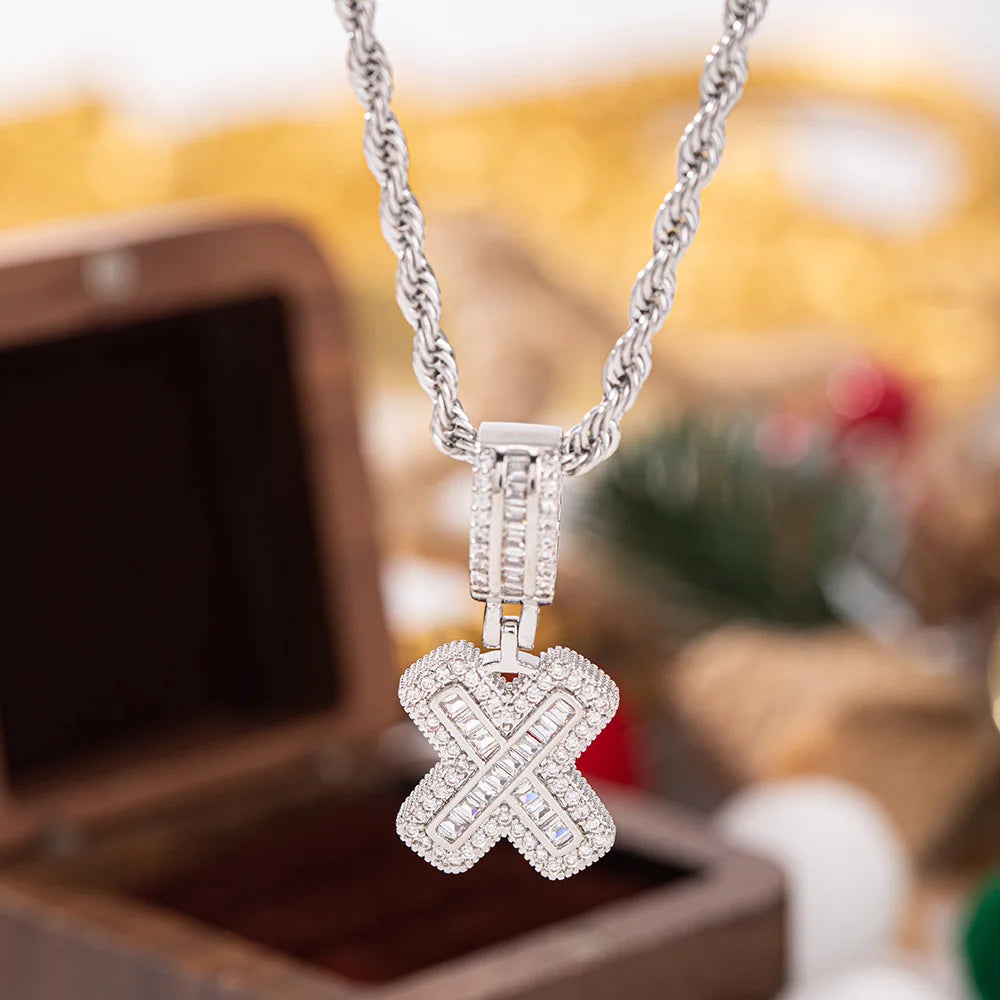 Silver x-shaped pendant white zircon necklace with braided chain and clear crystals for chain wedding jewelry gifts