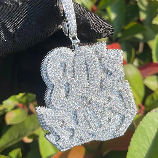 A sparkling rose silver color 80s baby pendant with bro lettering, featuring cz stone paved bling for men rapper jewelry