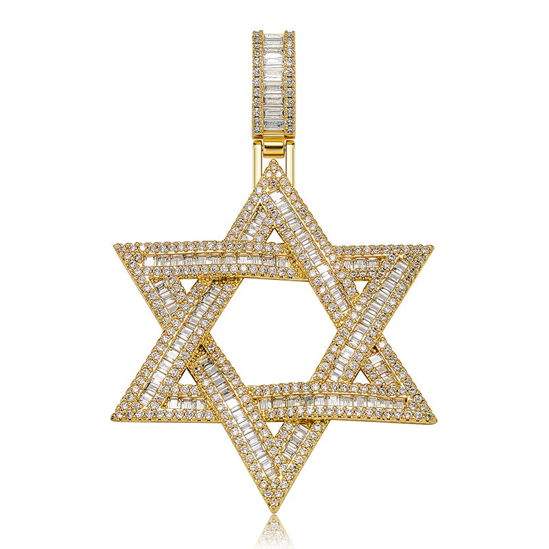 Gold-plated jewish star of david pendant with baguette and round-cut cubic zirconia stones for men rapper jewelry