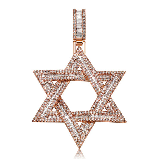 A rose gold jewish star pendant necklace with baguette and round-cut cz stones for men rapper jewelry