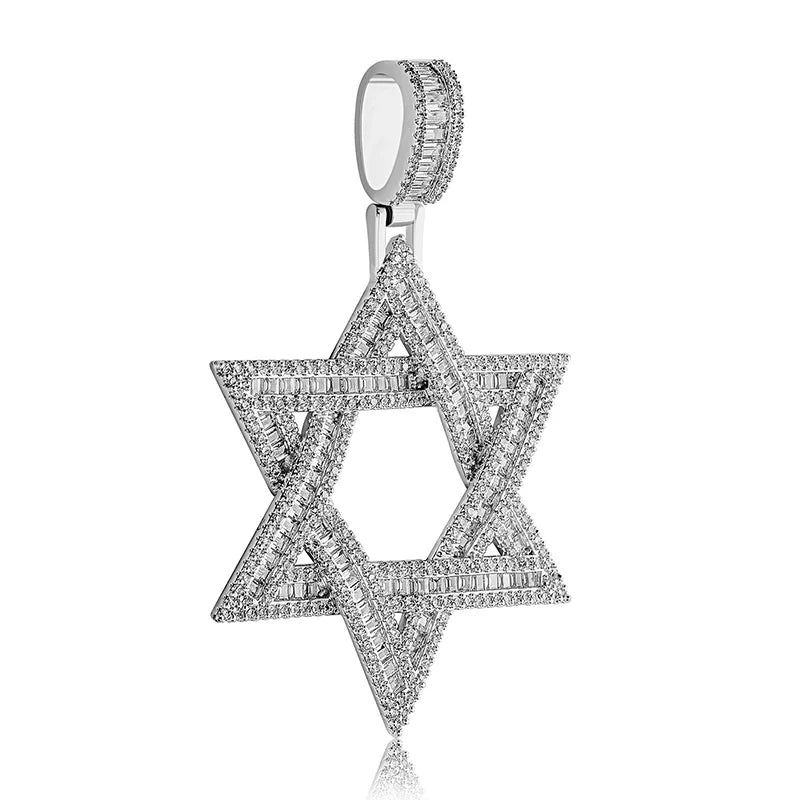 A silver jewish star david pendant necklace with baguette-cut diamonds and a diamond-encrusted bail for men rapper jewelry