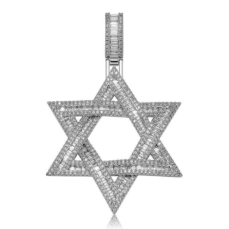A sparkling silver jewish star of david pendant with baguette and round diamonds for men rapper jewelry