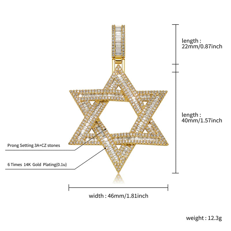 Gold-plated jewish star pendant with cubic zirconia stones in prong setting for men rapper jewelry david pendants necklaces