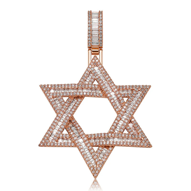 Rose gold jewish star pendant with baguette and round-cut clear gemstones for men rapper jewelry david pendants necklaces