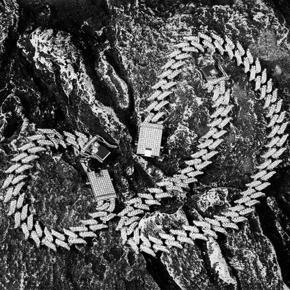 Iced-out silver hip hop 3pcs cuban chain watch for men featuring diamond-encrusted paved rhinestones rapper links