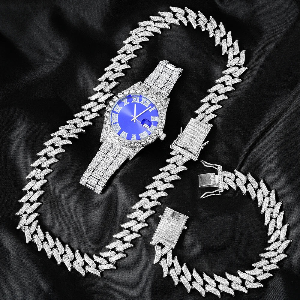 Silver-toned men miami curb cuban necklace suit with paved rhinestones rapper watch and bracelet featuring blue roman face