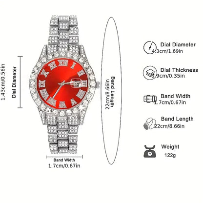 A dazzling red dial cuban necklace suit watch for men miami curb with silver-toned paved rhinestones rapper band