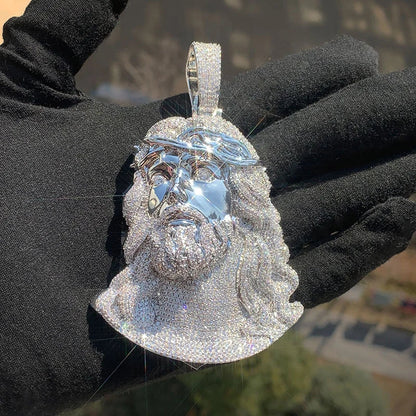 A silver jesus piece pendant with intricate cubic zirconic paved stones for necklace men rapper jewelry