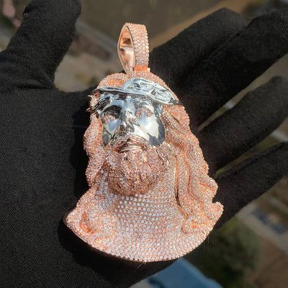 Rose gold and silver cubic zirconic paved jesus piece pendant with intricate detailing for necklace men rapper jewelry
