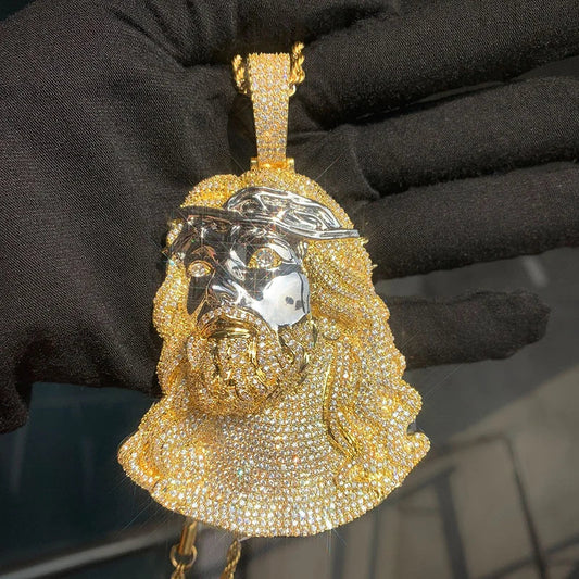 Gold and silver cubic zirconic paved jesus piece pendant with glittering textured surface for necklace men rapper jewelry