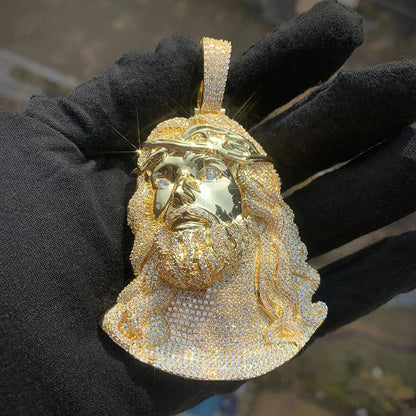 Gold-colored jesus piece pendant with cubic zirconic paved stones necklace men rapper jewelry rose gold color