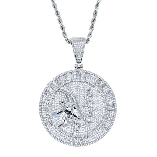 Silver-plated goat round pendant with clear cz stones and engraved text men rapper jewelry gold silver color