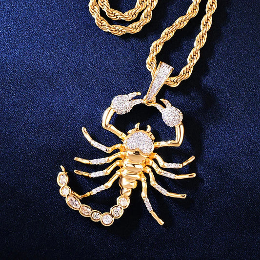 Gold color scorpion pendants necklace with intricate detailing and clear crystals for men rapper jewelry