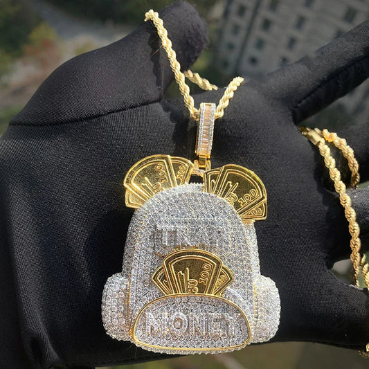Gold and silver diamond-encrusted money bag trap pendant with engraved money for men rapper jewelry bling necklace