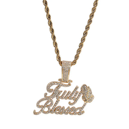 Gold-colored hip hop letters pendants necklace with fully blessed praying hand letters encrusted in cz stones for men rapper jewelry