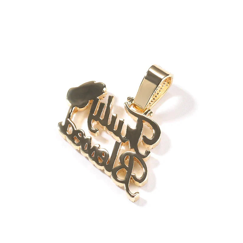 Gold praying hand letters pendant with cursive design and black cloud accent men rapper jewelry necklace